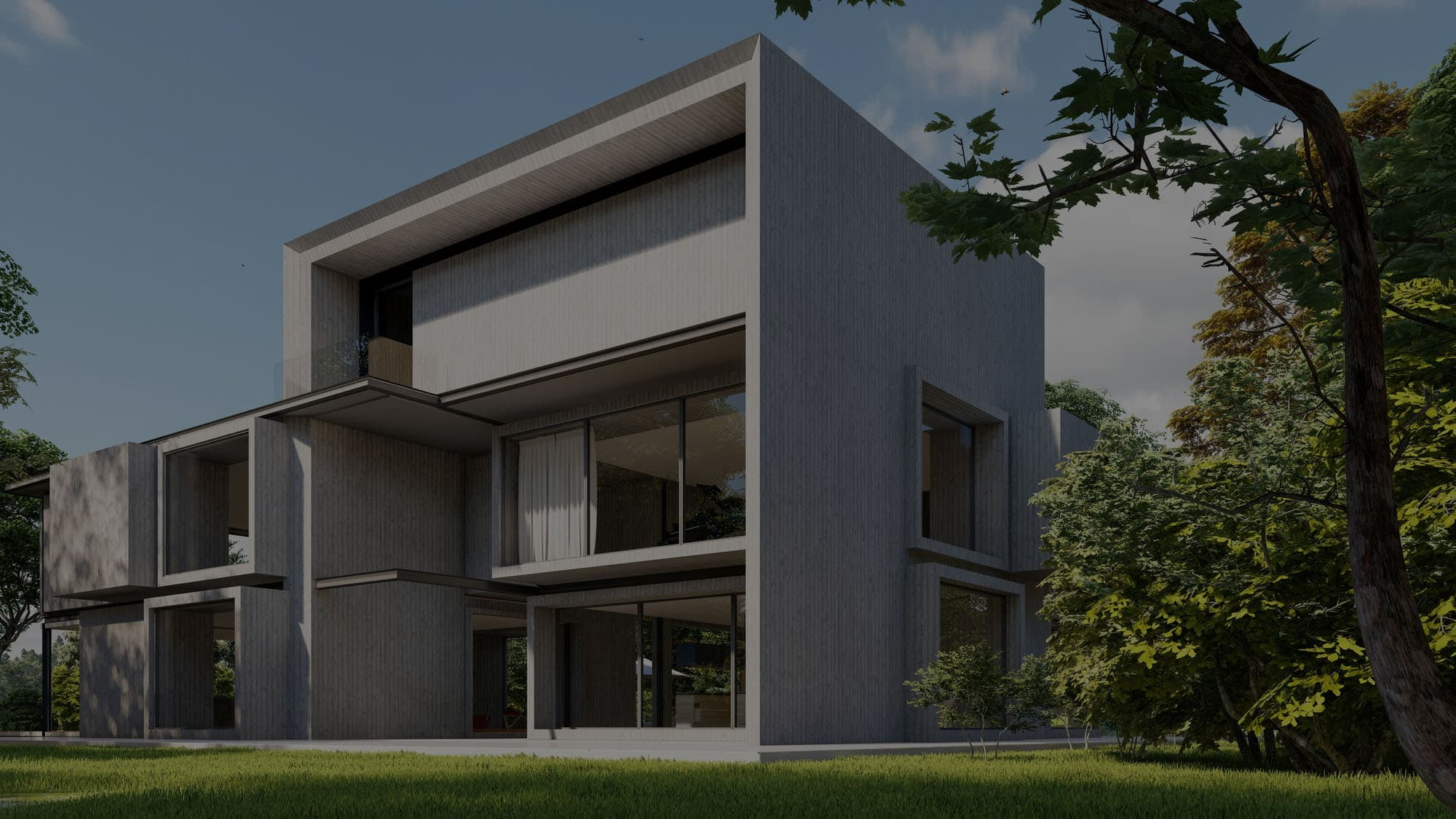 Modern Beyond Borders home with a cantilevered concrete form, set in landscaped grounds.
